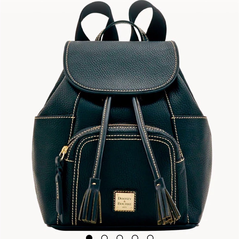 Dooney & Bourke Black Pebbled Leather Tassel Drawstring Backpack with dust cover
